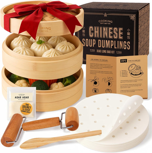 Cooking Gift Set Co. Bamboo Steamer Basket Soup Dumpling Kit - 2 Tier 8-Inch Dumpling Steamer for Cooking with Agar Agar, Roller, Spoon, Liners, Recipes & Step-by-Step Video (6-Piece Set)