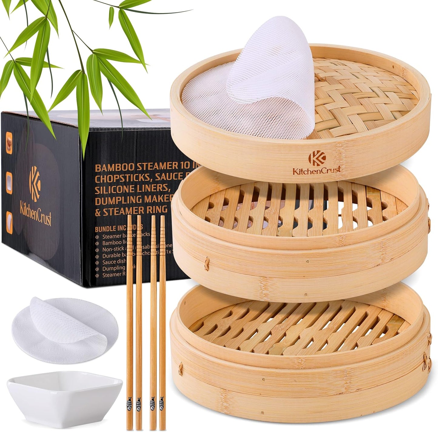 Bamboo Steamer Basket for Chinese Asian Cuisine - 2 Tier 10-Inch Steaming Basket Bun Vegetable Bao Buns, Sauce Dish, Chopsticks, Reusable Liners