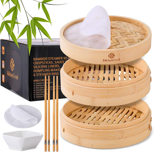 Bamboo Steamer Basket for Chinese Asian Cuisine - 2 Tier 10-Inch Steaming Basket Bun Vegetable Bao Buns, Sauce Dish, Chopsticks, Reusable Liners