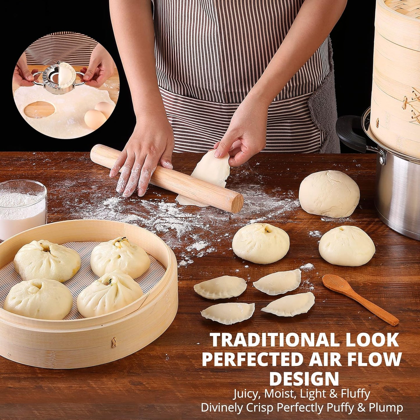 Bamboo Steamer Basket for Chinese Asian Cuisine - 2 Tier 10-Inch Steaming Basket Bun Vegetable Steam, Dumpling Steamer bamboo steam basket, Sauce Dish, Chopsticks, Reusable Liners, Ring