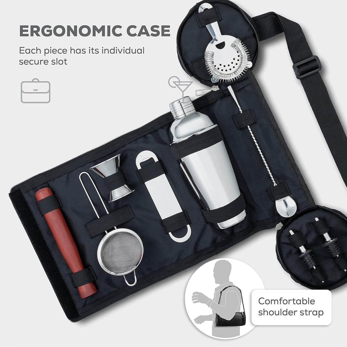 FineDine 10-Piece Cocktail Shaker Set with Travel Bag - Stainless Steel Shaker Set Bartender Kit - Mixology Bartender Kit - Strainer, Muddler, Jigger, Bar Spoon, Bottle Opener, Pour Spouts - Bar Set