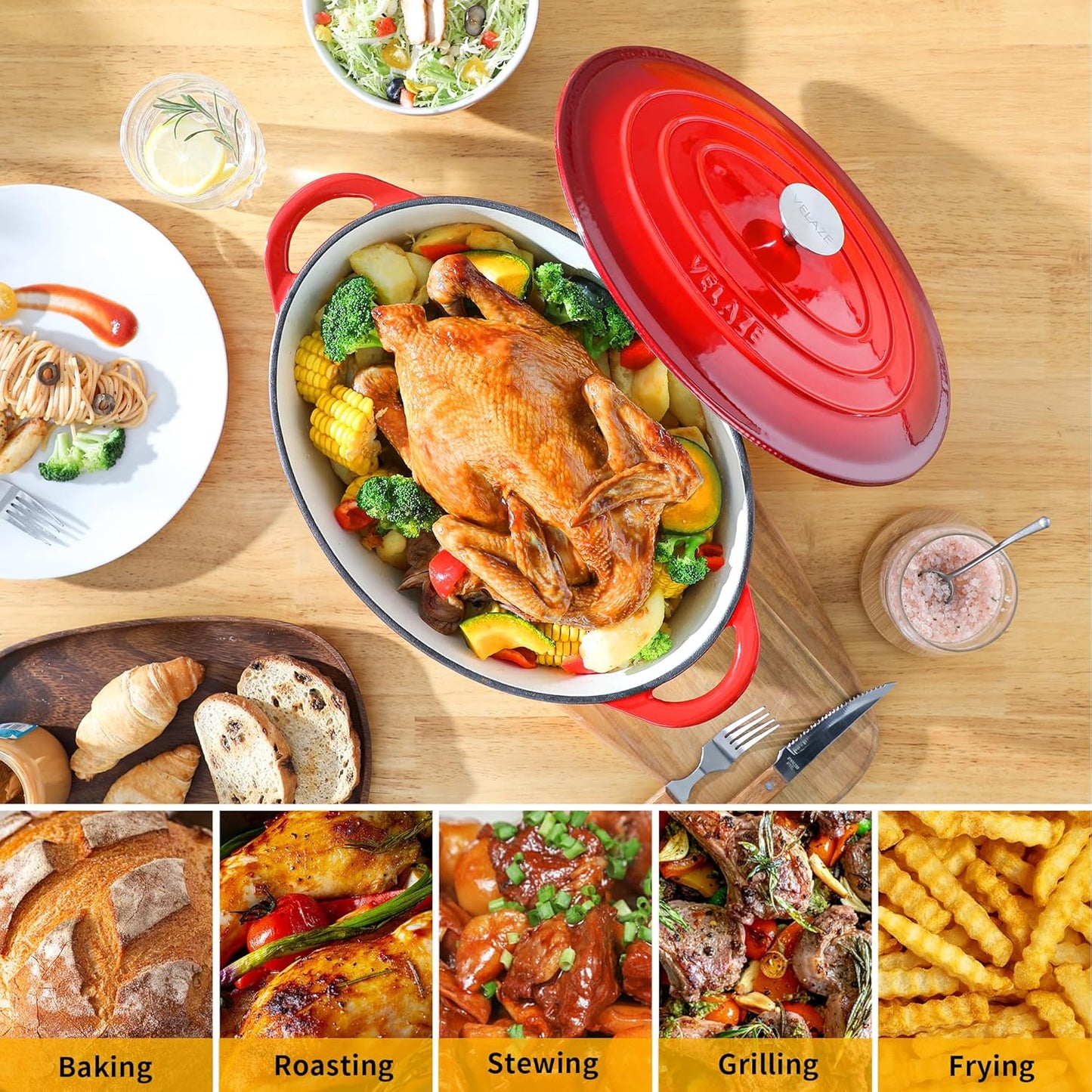 Velaze 7.5 QT Enameled Oval Dutch Oven Pot with Lid, Cast Iron Dutch Oven with Dual Handles for Bread Baking, Cooking, Frying, Non-stick Enamel Coated Cookware (RED)