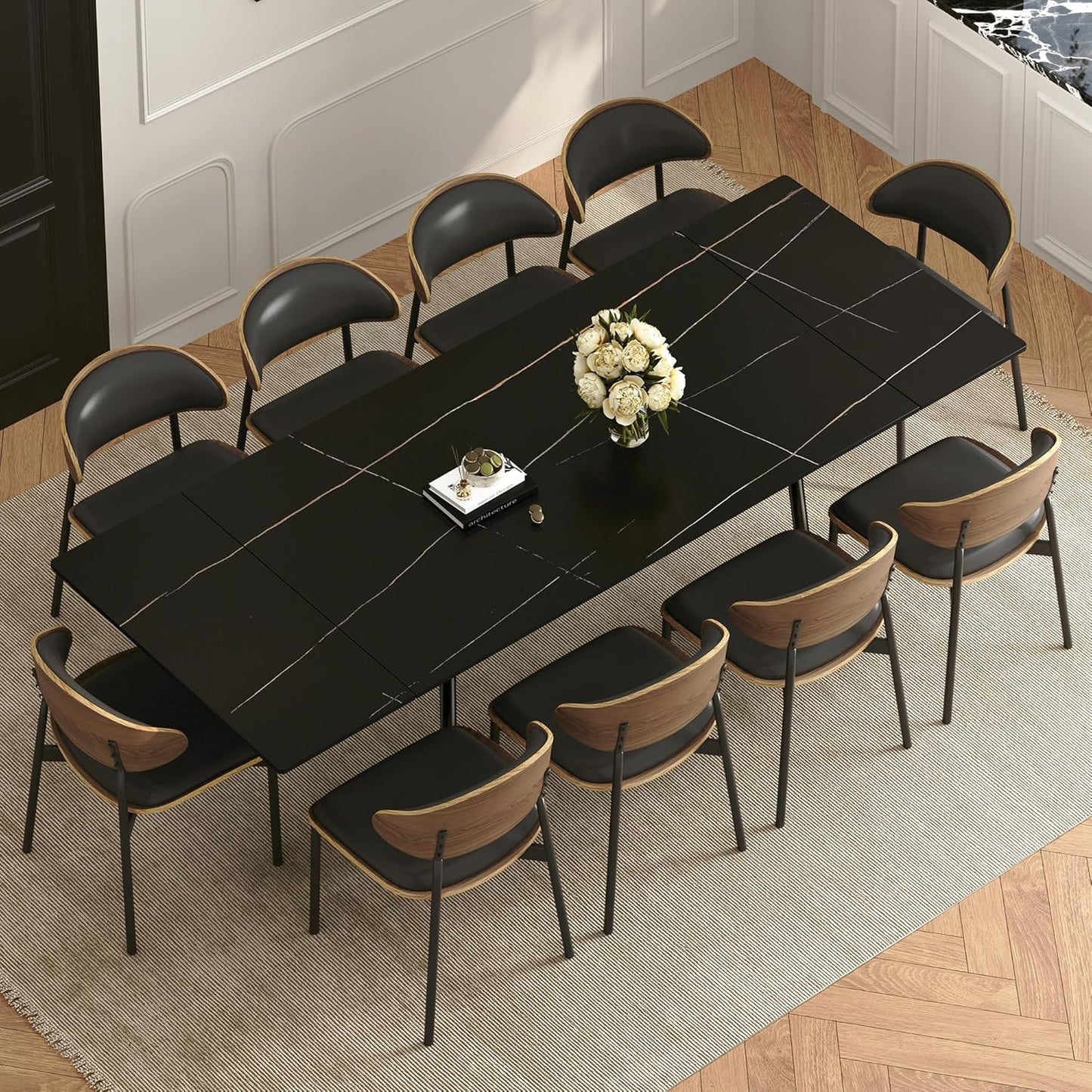 62.9"-94.4" Modern Extendable Dining Table for 6 to 10 Seats, Rectangular Sintered Stone Table with High Hardness and Easy Maintenance for Dining Room Family Gathering, Black Top