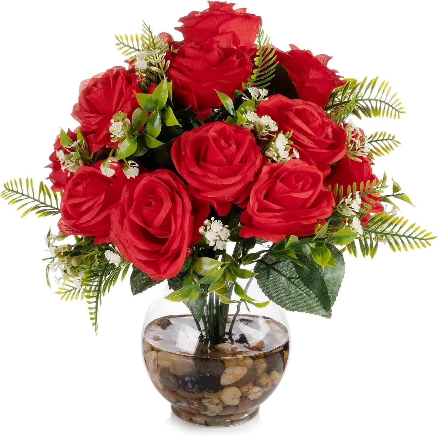 ENOVA FLORAL 18 Heads Silk Rose Artificial Flowers in Vase,Faux Rose Flowers Arrangement in Round Bowl Vase with Faux Water and River Rock for Table Decor Centerpieces (Red)