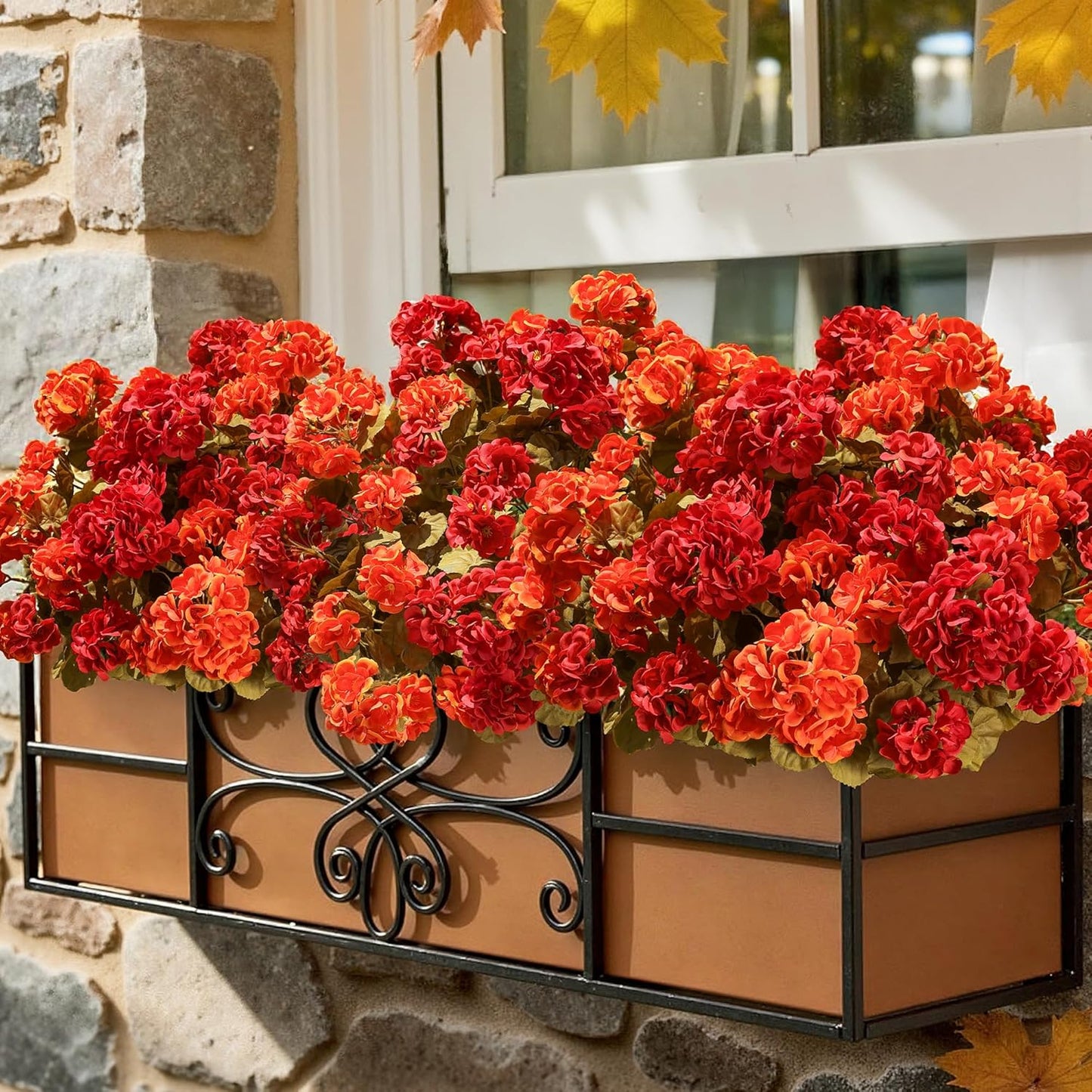 Fake Geraniums Artificial Flowers for Outdoors Fall Autumn Decoration, 6 Bundles Silk Geraniums Look Real Faux Fall Flowers Plants for Front Door Garden Planter Patio Balcony Yard Home Indoor, Mix