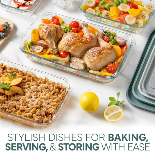 COOK WITH COLOR 8-Piece Deep Glass Baking Dish Set with Plastic Lids – Casserole and Food Storage Containers for Lasagna, Leftovers – Freezer-to-Oven, Microwave & Dishwasher Safe, Sage