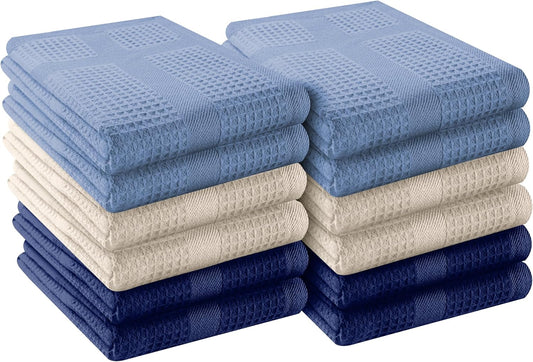 12 Pack Multi Color Waffle Weave Kitchen Towels, 16x26 Inch, 100% Cotton, Super Absorbent, Quick Dry, Hand Towels for Drying Dishes, Cleaning, Durable - Sky Blue, Ivory, Indigo Blue