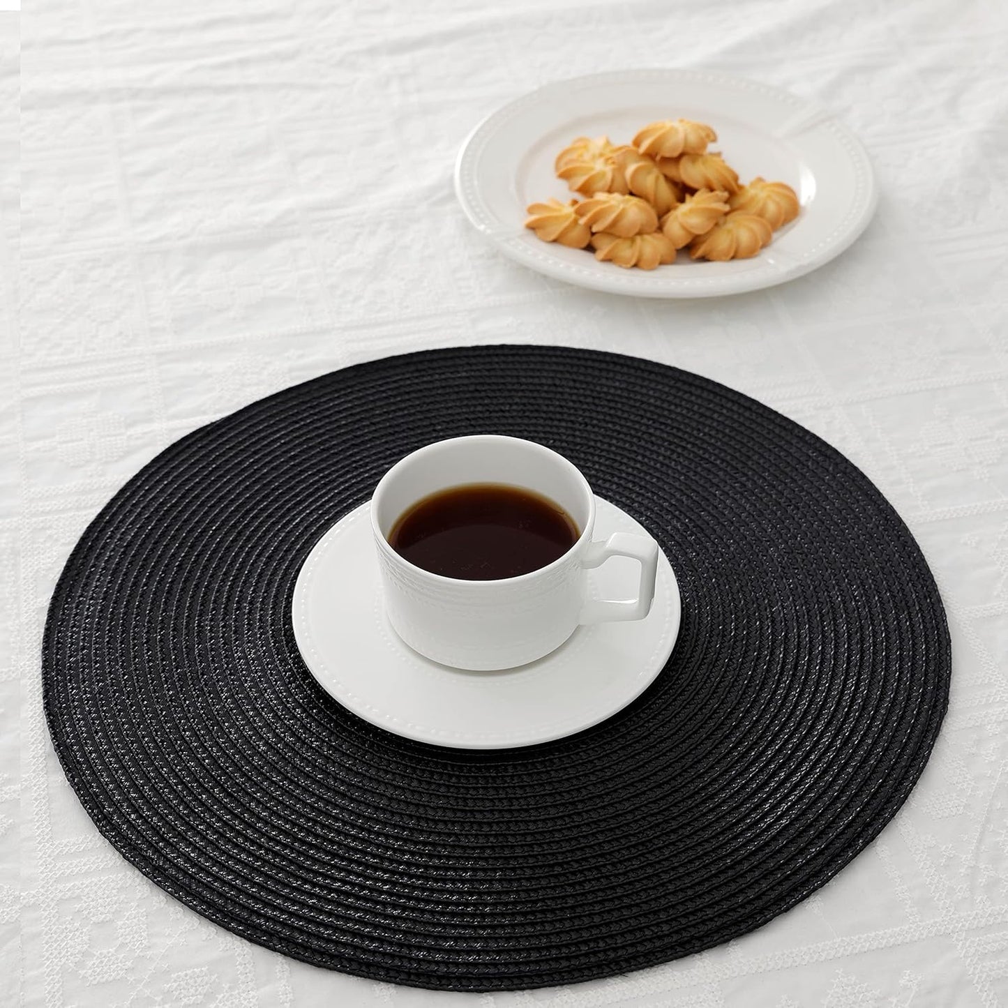 HODJOY Placemats, Round Braided Placemats for Dining Tables, Woven Non-Slip Washable Table Mats, Set of 6, 15 inch, Black