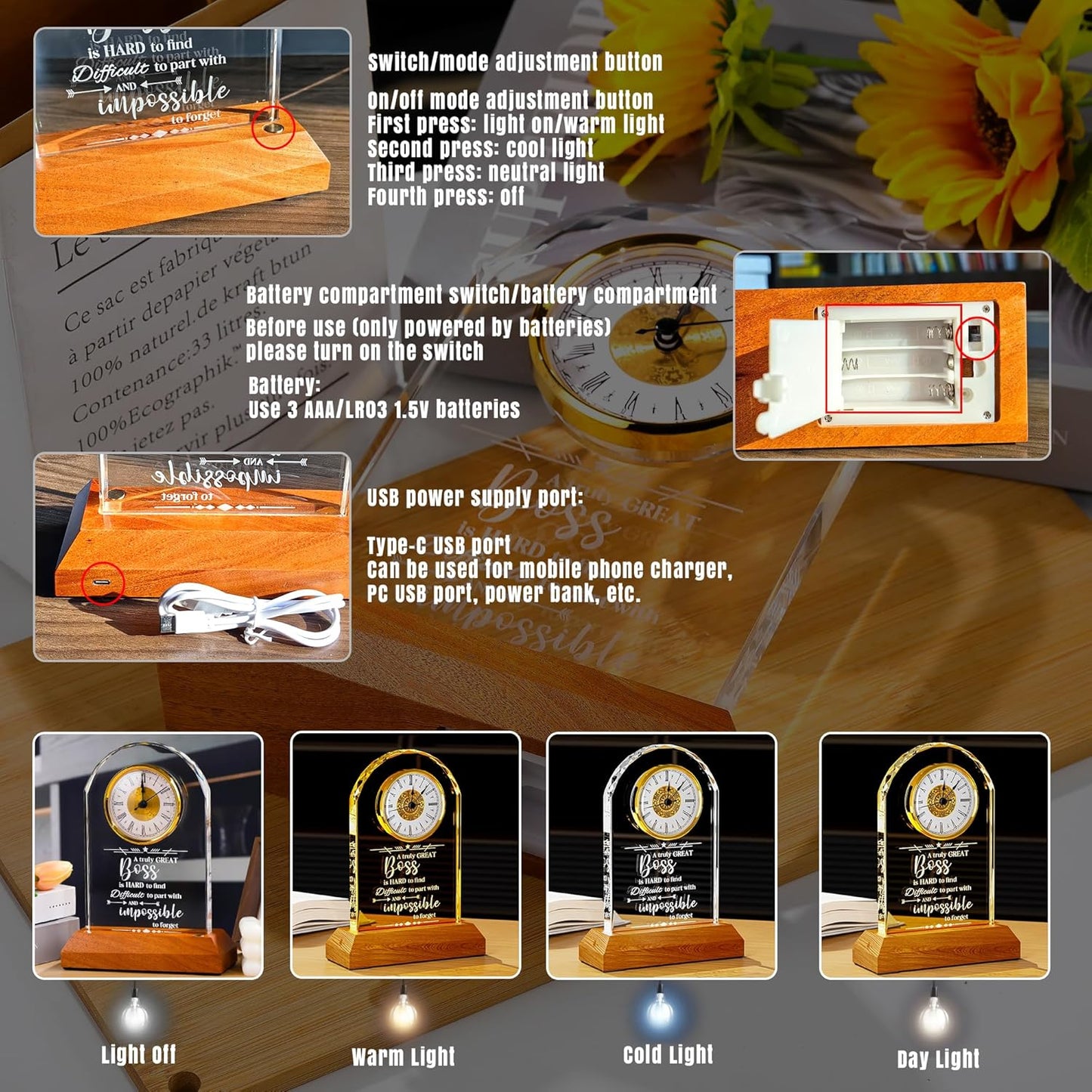 Ornalrist Boss Crystal Clock Gifts for Women, Men with Wooden LED Light Base, Boss Appreciation Gift Idea for Leader's Day, Desk Office Home Decor