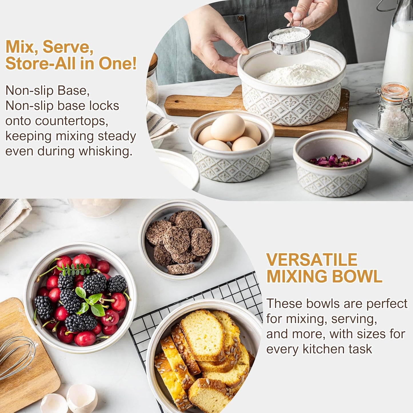 Airtight Food Storage Containers with Lids Mixing Bowls Set, Ceramic Serving Bowls with Lids Set of 4, 12/16/28/40 oz Stackable Nesting Salad Bowls for Cooking, Baking, Ramen - Beige