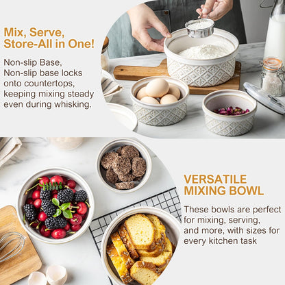 Airtight Food Storage Containers with Lids Mixing Bowls Set, Ceramic Serving Bowls with Lids Set of 4, 12/16/28/40 oz Stackable Nesting Salad Bowls for Cooking, Baking, Ramen - Beige