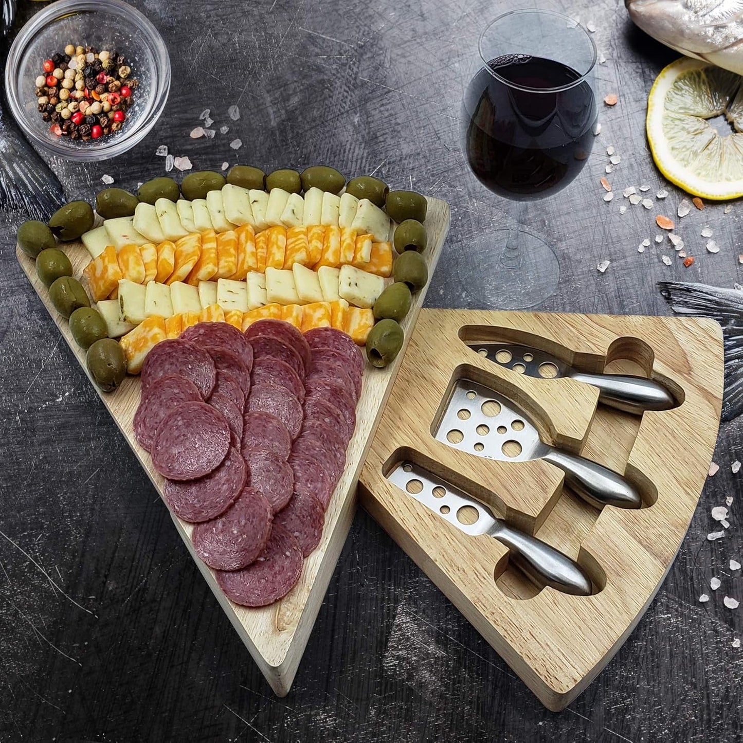 Rubber Wood Cheese Board Set - Charcuterie Platter with Cutlery Set - Perfect for Birthday, Housewarming & Wedding Gifts, Can Be Used in Sets Forming a Center Piece