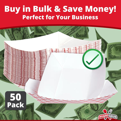 Heavy Duty, Grease Resistant 5 Lb Paper Food Trays 50 Pack. Recyclable, Coated Paperboard Basket Ideal for Festival, Carnival and Concession Stand Treats Like Fries, Ice Cream and Chicken Tenders