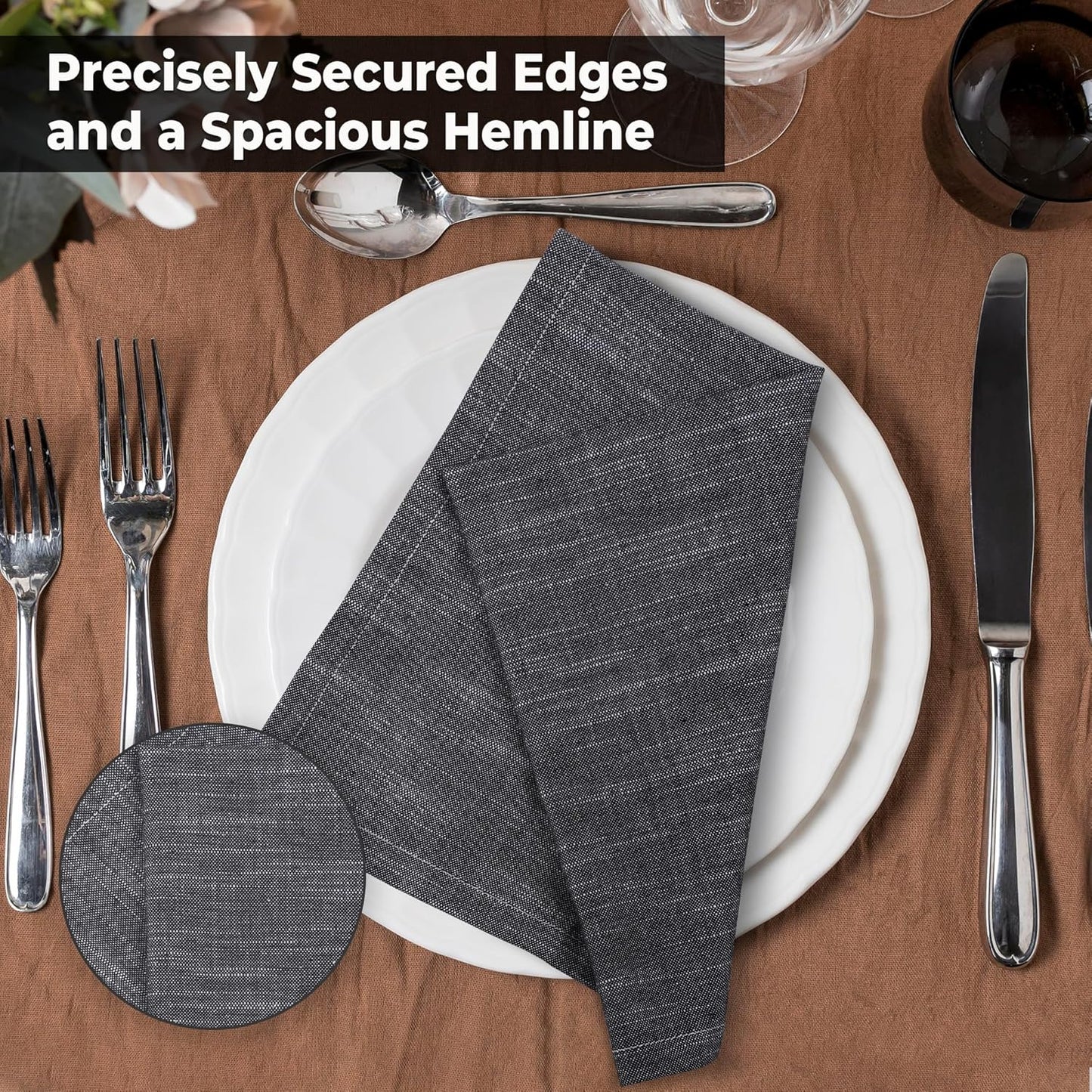 Urban Villa Cloth Napkins Set of 12 20x20 Inches 100% Cotton Napkins Cloth Washable Durable Reusable Absorbent Table Dinner Napkins Cloth for Hotel Lunch Restaurant Weddings Parties - Black Chambray