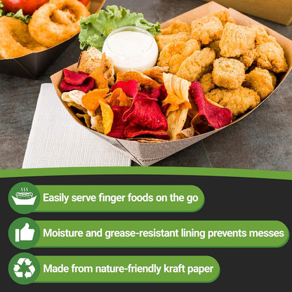 Restaurantware Bio Tek 2 Pound Food Boats 200 Disposable Paper Food Trays - Heavy-Duty Greaseproof Newsprint Paper Boats For Snacks Appetizers Or Treats Use At Parties Or Carnivals
