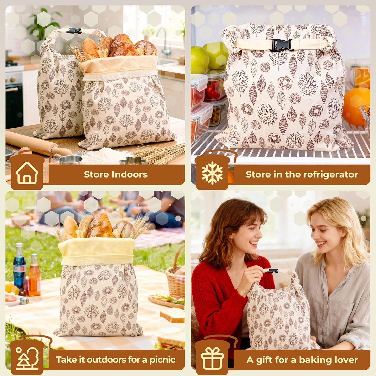 OHIYO Reusable Beeswax Bread Bags for Freezer & Refrigerator, 17"×13" Natural Beeswax-Lined Cotton Storage Bags Airtight Freshness Keeper for Homemade, Bakery Essentials (2 Pack)