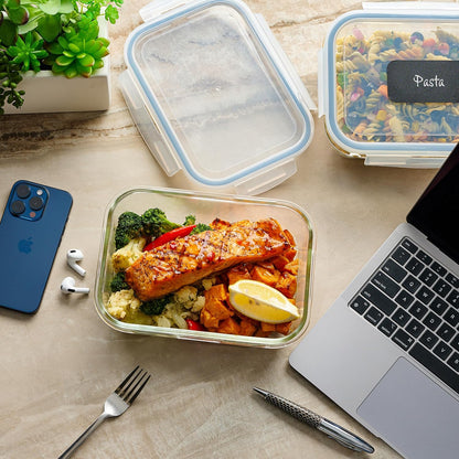 4pc Set - 8 Cup / 64oz Large Glass Food Storage Containers with Lids Airtight Meal Prep Container with Lid Lock - Freezer Microwave & Oven Safe Clear Lunch Bowl Stackable Baking Pantry Organizer