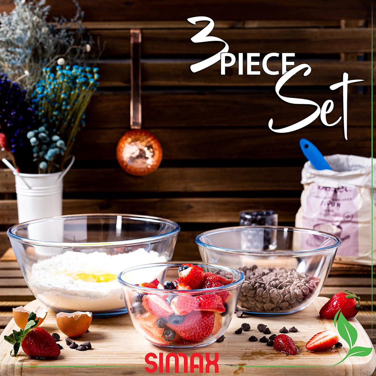 SIMAX Glass Mixing Bowls Set: Borosilicate Glass Mixing Bowls - Microwave, Oven & Dishwasher Safe - 3 Piece Set (2 Cup, 5.5 Cup, 10.5 Cup)