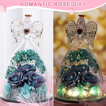 Mothers Day Rose Gifts for Women, Large Angel Figurines with Real Roses, Preserved Real Flower Rose for HerGlitterPurpleAquablue