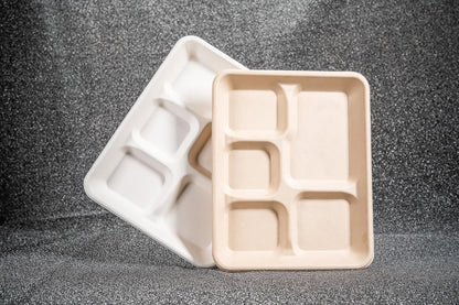 Eland Compostable Plates with Compartments, 5 Compartment Plates Disposable Heavy duty, Food trays disposable. School Lunch Tray, Plate Dividers, No PFAS, White Color- 10"x8" [400-pack]