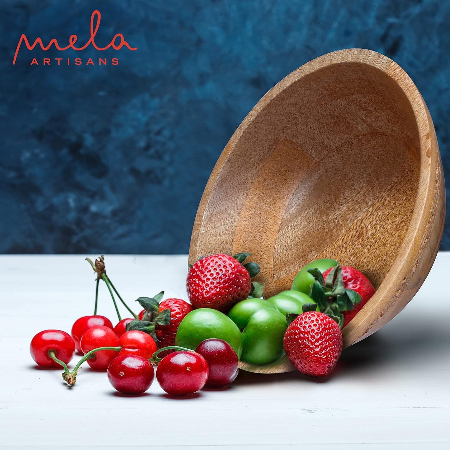 Mela Artisans Wooden Fruit Bowl | Medium Burnt Finish | Large 12” Mango Wood Serving Bowl | Multipurpose for Kitchen Countertop | Salad| Fruit| Snacks| Breads & More | Natural Grain Texture