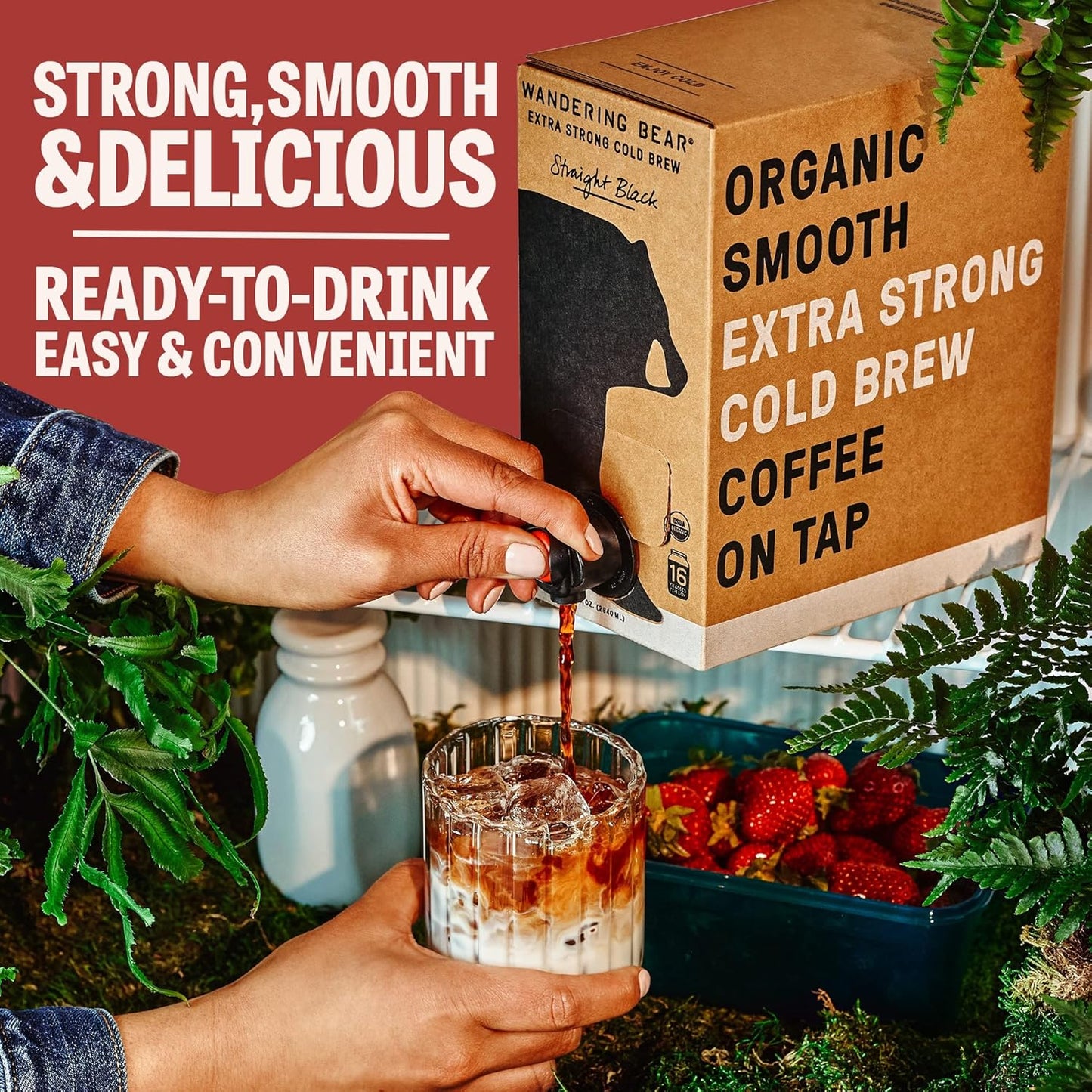 Wandering Bear Organic Mocha Cold Brew Coffee On Tap, Iced Coffee Drink - Extra Strong, Bold, Smooth, No Sugar Added, Shelf-Stable, Ready to Drink,Gluten Free & Vegan -16 Servings of 6fl.oz -96fl.oz