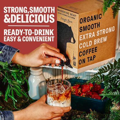 Wandering Bear Organic Mocha Cold Brew Coffee On Tap, Iced Coffee Drink - Extra Strong, Bold, Smooth, No Sugar Added, Shelf-Stable, Ready to Drink,Gluten Free & Vegan -16 Servings of 6fl.oz -96fl.oz