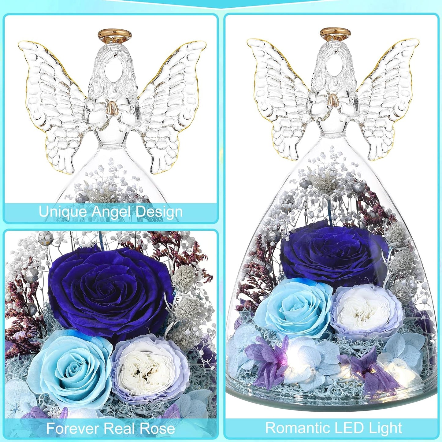 Christmas Rose Gifts for Women Preserved Real Flower in Glass Angel Figurines Roses for Delivery Prime Birthday Gifts for Mom Grandma Girlfriend Wife Her,Blue Austin Roses