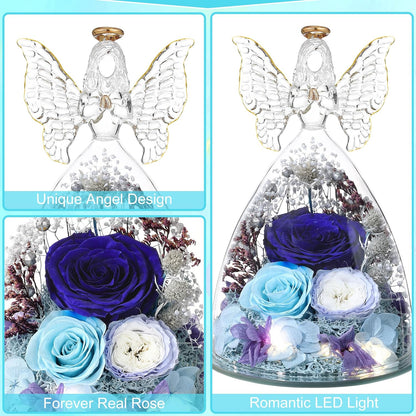 Christmas Rose Gifts for Women Preserved Real Flower in Glass Angel Figurines Roses for Delivery Prime Birthday Gifts for Mom Grandma Girlfriend Wife Her,Blue Austin Roses