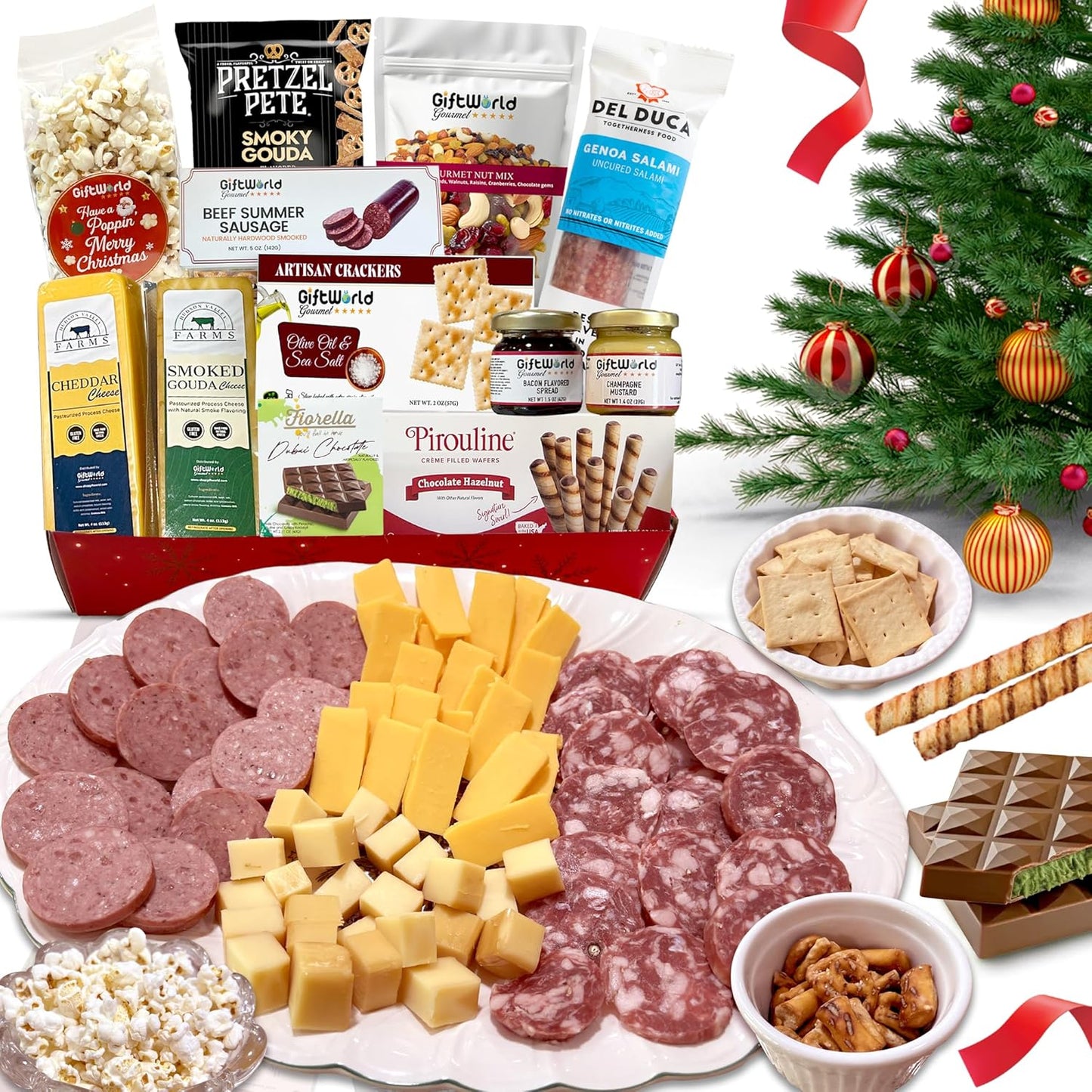 Christmas Gift Basket, Meat and Cheese Gift Baskets for Men and Women - Delicious Condiments with Dubai Chocolate, Charcuterie Food Gift Basket, Christmas Food Gifts in Christmas Gift Box (12-item Bundle)