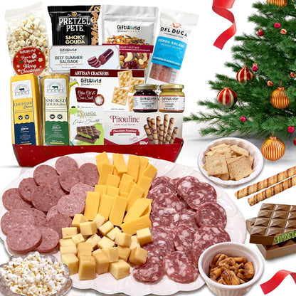 Christmas Gift Basket, Meat and Cheese Gift Baskets for Men and Women - Delicious Condiments with Dubai Chocolate, Charcuterie Food Gift Basket, Christmas Food Gifts in Christmas Gift Box (12-item Bundle)
