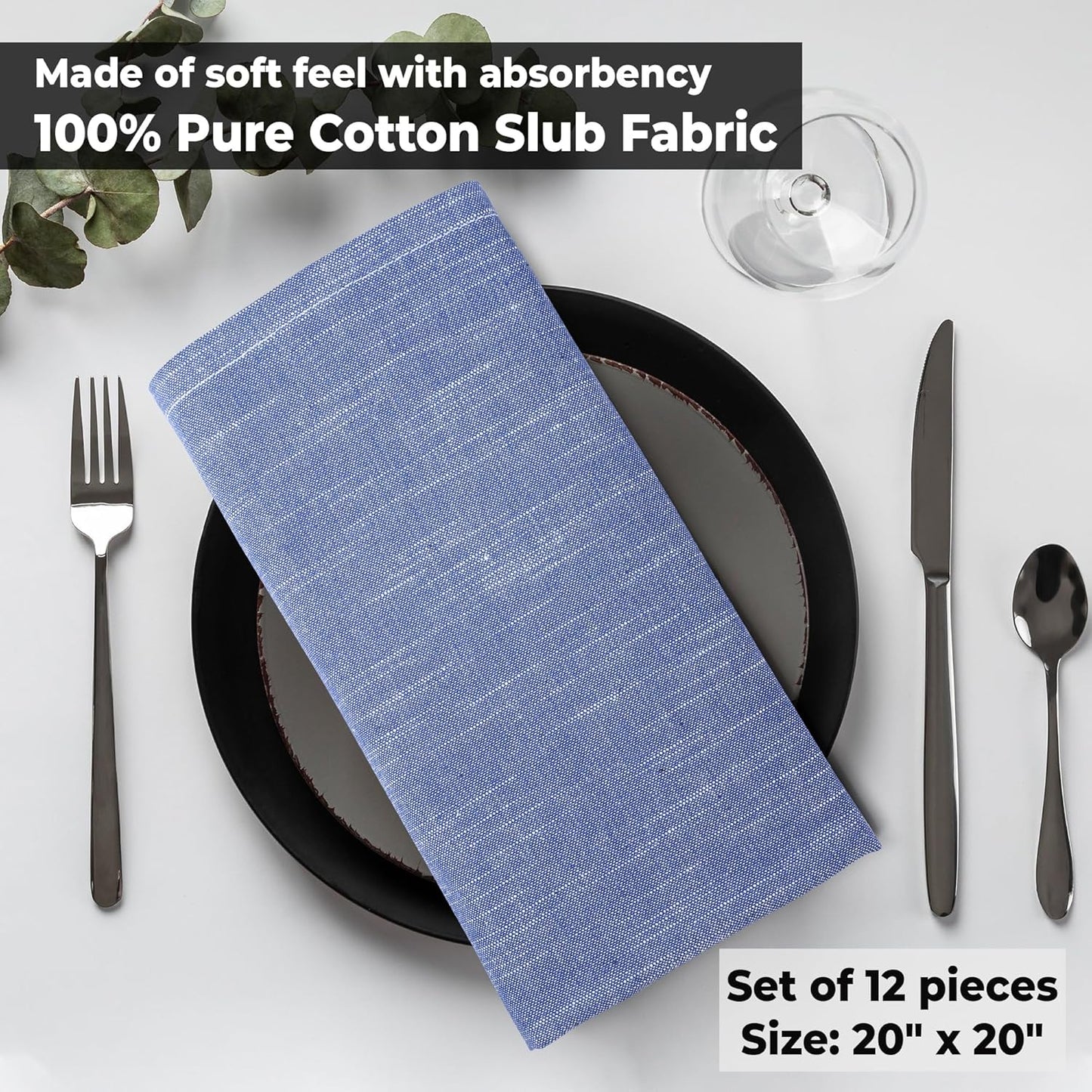 Urban Villa Cloth Napkins 100% Cotton Slub Absorbent Dinner Napkins (Set of 12) Oversized 20x20 Inches Blue White Chambray Soft Durable Reusable Washable Ideal for Everyday Use Premium Quality