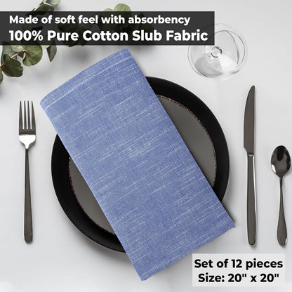 Urban Villa Cloth Napkins 100% Cotton Slub Absorbent Dinner Napkins (Set of 12) Oversized 20x20 Inches Blue White Chambray Soft Durable Reusable Washable Ideal for Everyday Use Premium Quality