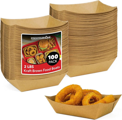 100 Pack 2-Lb Brown Kraft Paper Food Trays, Heavy-Duty Paper Food Boat, Disposable Serving Trays for Party Snacks, Hot Dog, Picnic, Taco Bar, Seafood, Nachos Plates, BBQ, carnival, birthday party