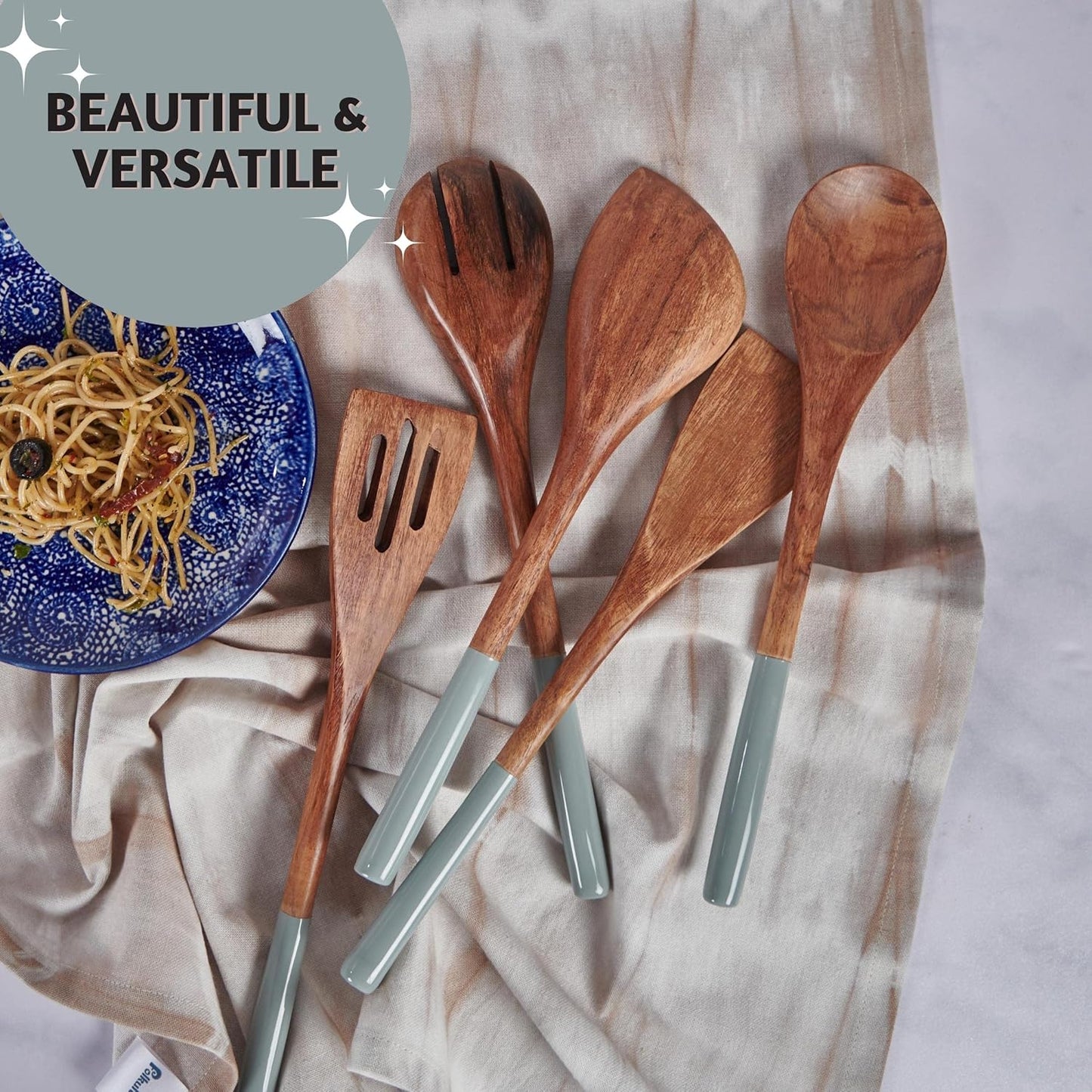 Folkulture Wooden Spoons for Cooking | 12" Premium Acacia Wooden Utensil Set of 5 - Smooth Finish, Soft Comfort Cooking Utensils Set for Kitchen, Gifts | Non Stick Wooden Cooking Utensils Set of 5