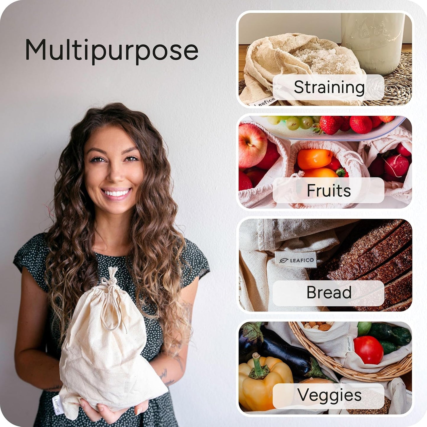 LEAFICO Muslin Cloth Bags with Drawstrings - Set of 8 (S, M, L, XL) - Reusable Natural Cotton Bags for Bulk Food Storage - Canvas Fabric Sachets