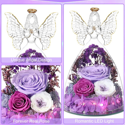 Christmas Rose Gifts for Women Preserved Real Flower in Glass Angel Figurines Roses for Delivery Prime Birthday Gifts for Mom Grandma Girlfriend Wife Her, Light Purple Austin Roses