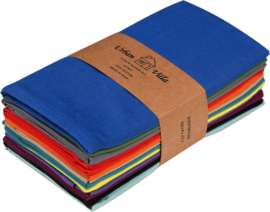 Urban Villa Cloth Napkins Set of 12 20x20 Inches 100% Cotton Napkins Cloth Washable Soft Durable Reusable Absorbent Table Dinner Napkins Cloth for Hotel Lunch Restaurant Weddings Parties-Multi Color