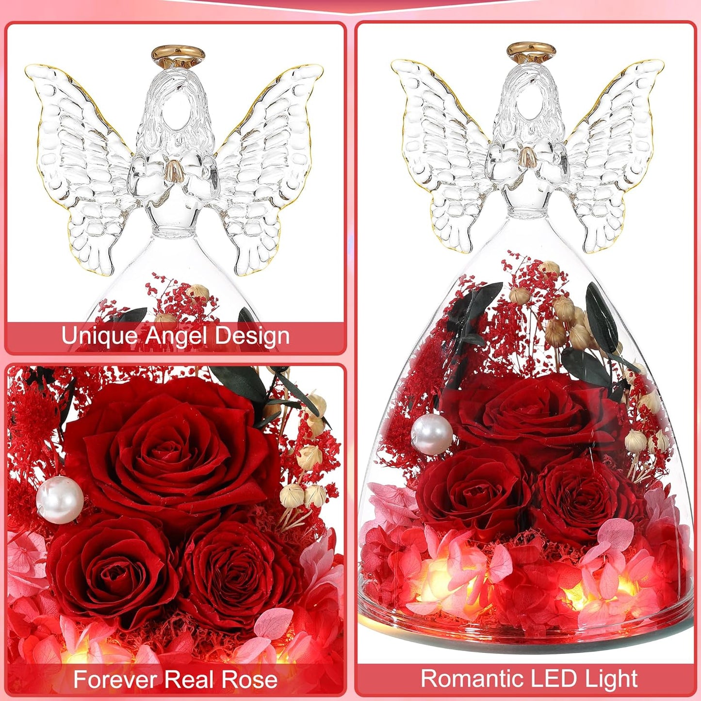 Christmas Rose Gifts for Women Preserved Real Flower in Glass Angel Figurines Roses for Delivery Prime Birthday Gifts for Mom Grandma Girlfriend Wife Her, Red Austin Roses