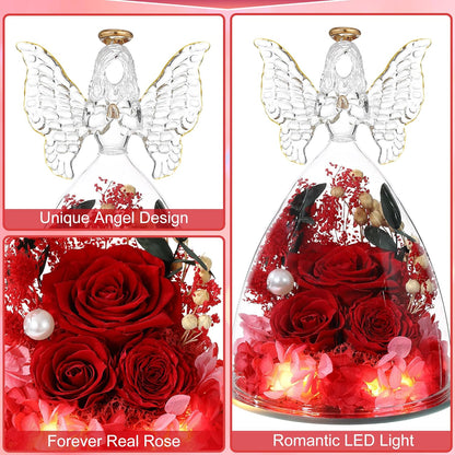 Christmas Rose Gifts for Women Preserved Real Flower in Glass Angel Figurines Roses for Delivery Prime Birthday Gifts for Mom Grandma Girlfriend Wife Her, Red Austin Roses