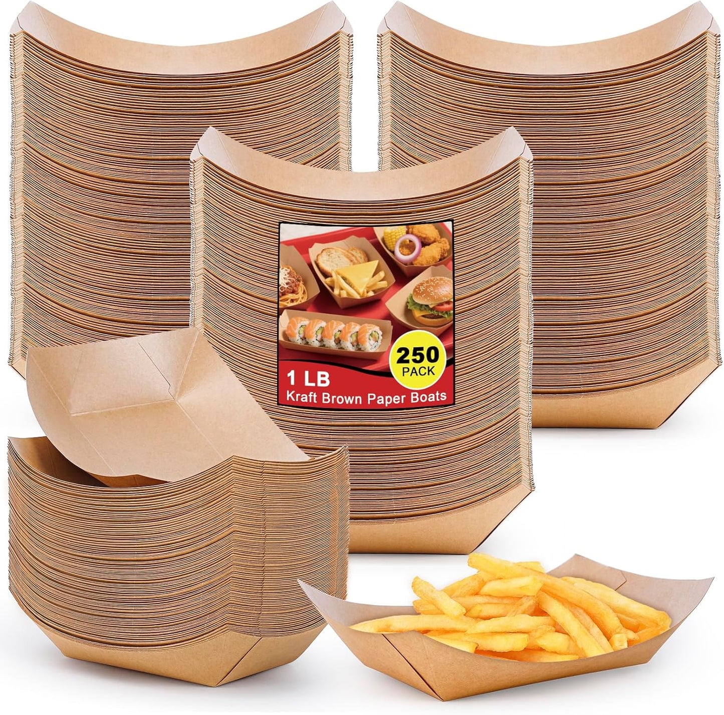 250 Pack Medium Paper Food Boats, 1lb Disposable Brown Kraft Paper Food Trays, Heavy Duty Serving Basket, Disposable Serving Boats for Party Snacks, Nachos, French Fries, Tacos, Popcorn