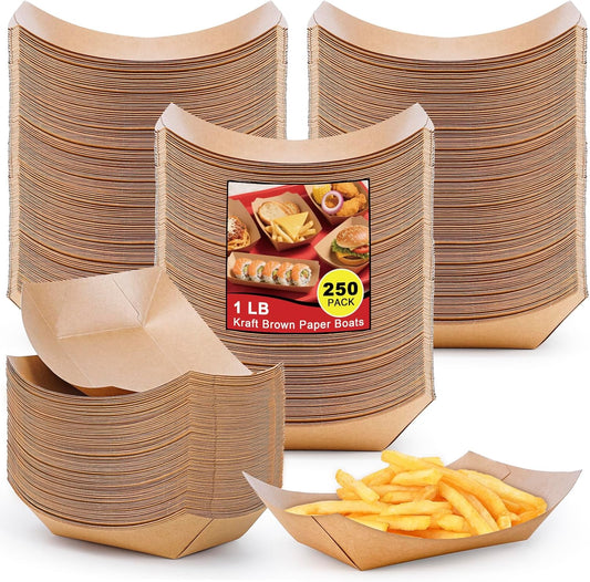 250 Pack Medium Paper Food Boats, 1lb Disposable Brown Kraft Paper Food Trays, Heavy Duty Serving Basket, Disposable Serving Boats for Party Snacks, Nachos, French Fries, Tacos, Popcorn