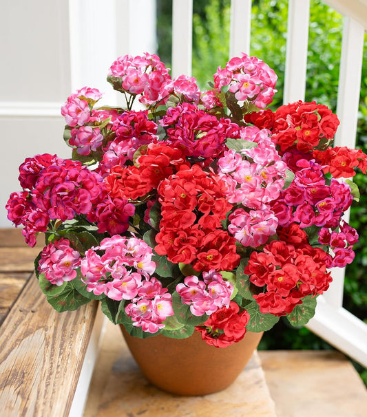 Artificial Geraniums Fake Flowers for Outdoors Decoration, 6 Bundles Silk Geraniums Flower UV Resistant Look Real Faux Plants for Front Door Garden Porch Planter Patio Balcony Yard Indoor Home, Mix