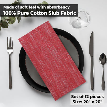Urban Villa Dinner Napkins Red White Chambray Cloth Napkins (Set of 12) Oversized 20x20 Inches 100% Cotton Slub Premium Quality Soft Durable Mitered Corners Reusable Washable Everyday Use Napkins