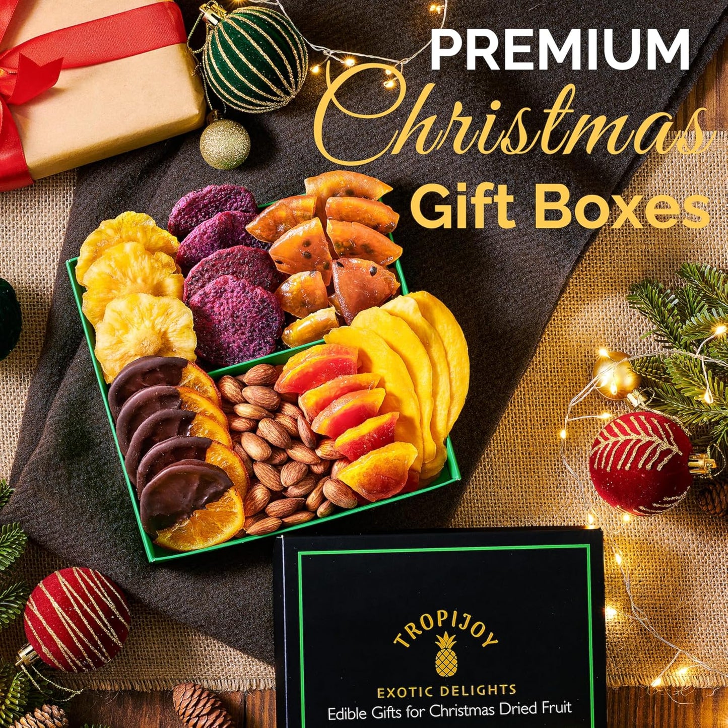 Christmas Gift Baskets - 7 Tropical Flavors Chocolate Orange Christmas Fruit Basket Gift |12.5oz Soft Dried Fruit gift Baskets for Delivery | Holiday Gift Baskets for Christmas Food Gifts for Adults