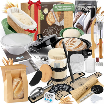 Super Deluxe All-Inclusive 𝗣𝗥𝗘𝗠𝗜𝗨𝗠 Sourdough Starter Kit with Pot. Sourdough Bread Baking Supplies, Scale, Oval & Round Baking Slings, 4 proofing Baskets, Bowl, Timer, Beginner Guide & Recipes