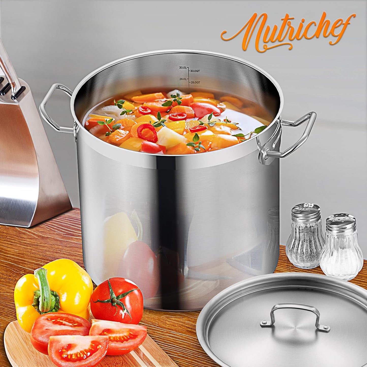 Nutrichef Stainless Steel Cookware Stockpot, 30 Quart Heavy Duty Induction Soup Pot With Stainless Steel Lid And Strong Riveted Handles, Even Heat Distribution, Compatible With Most Cooktops