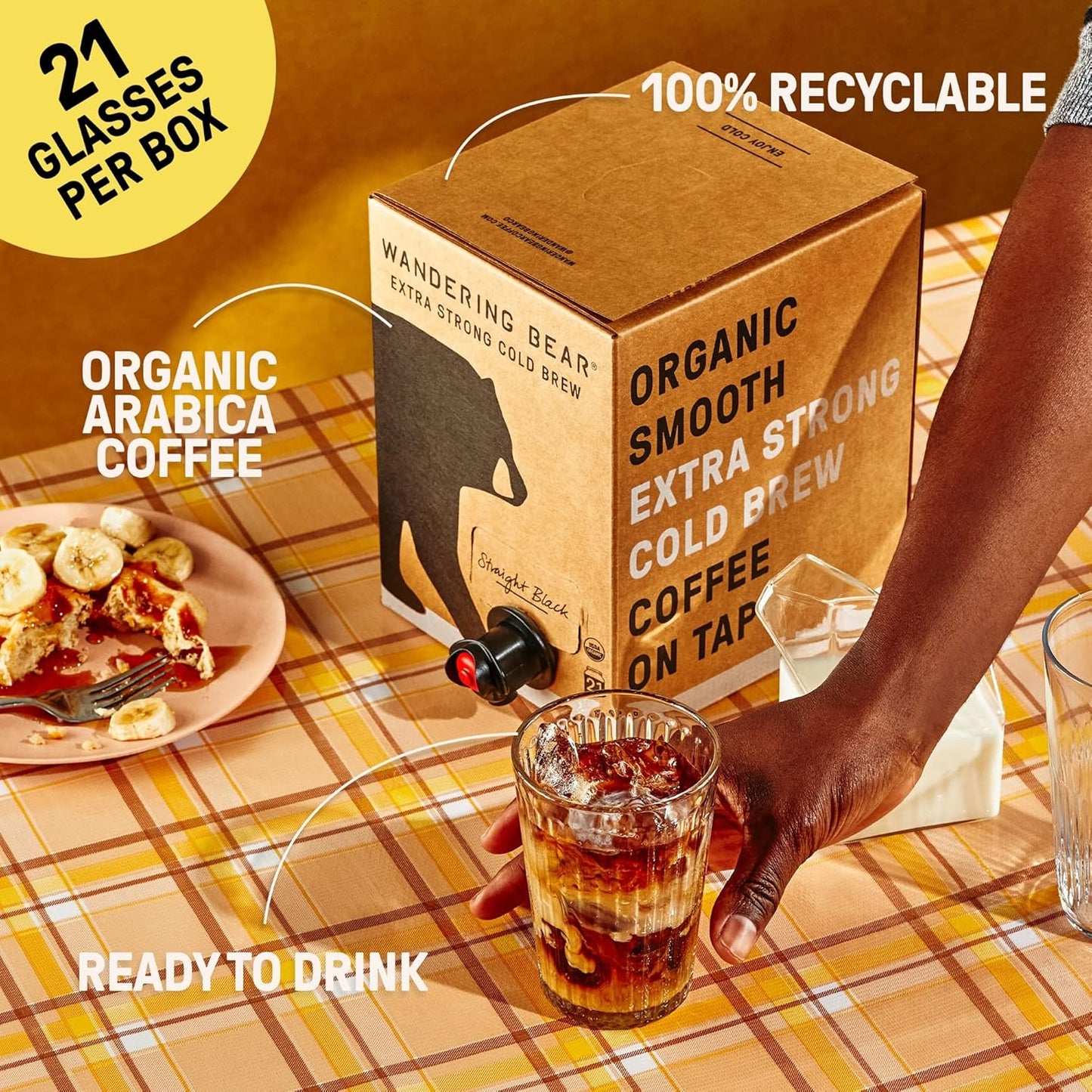 Wandering Bear Straight Black Organic Cold Brew Coffee On Tap, Iced Coffee Drink - Extra Strong, Bold, Smooth, No Sugar Added, Shelf-Stable, Ready to Drink, 100% Organic - 128 fl oz (1 gallon)