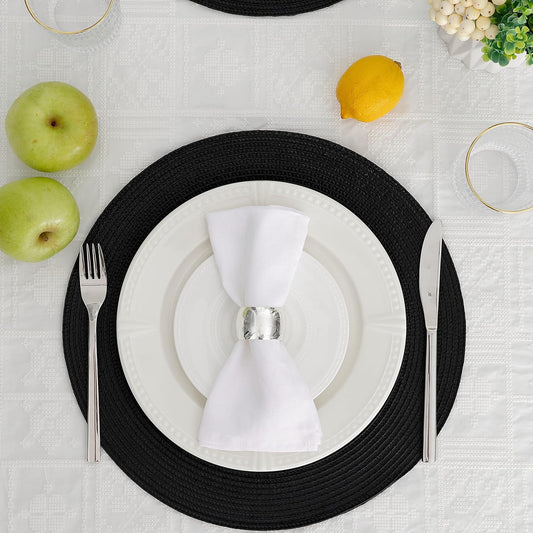 HODJOY Placemats, Round Braided Placemats for Dining Tables, Woven Non-Slip Washable Table Mats, Set of 6, 15 inch, Black