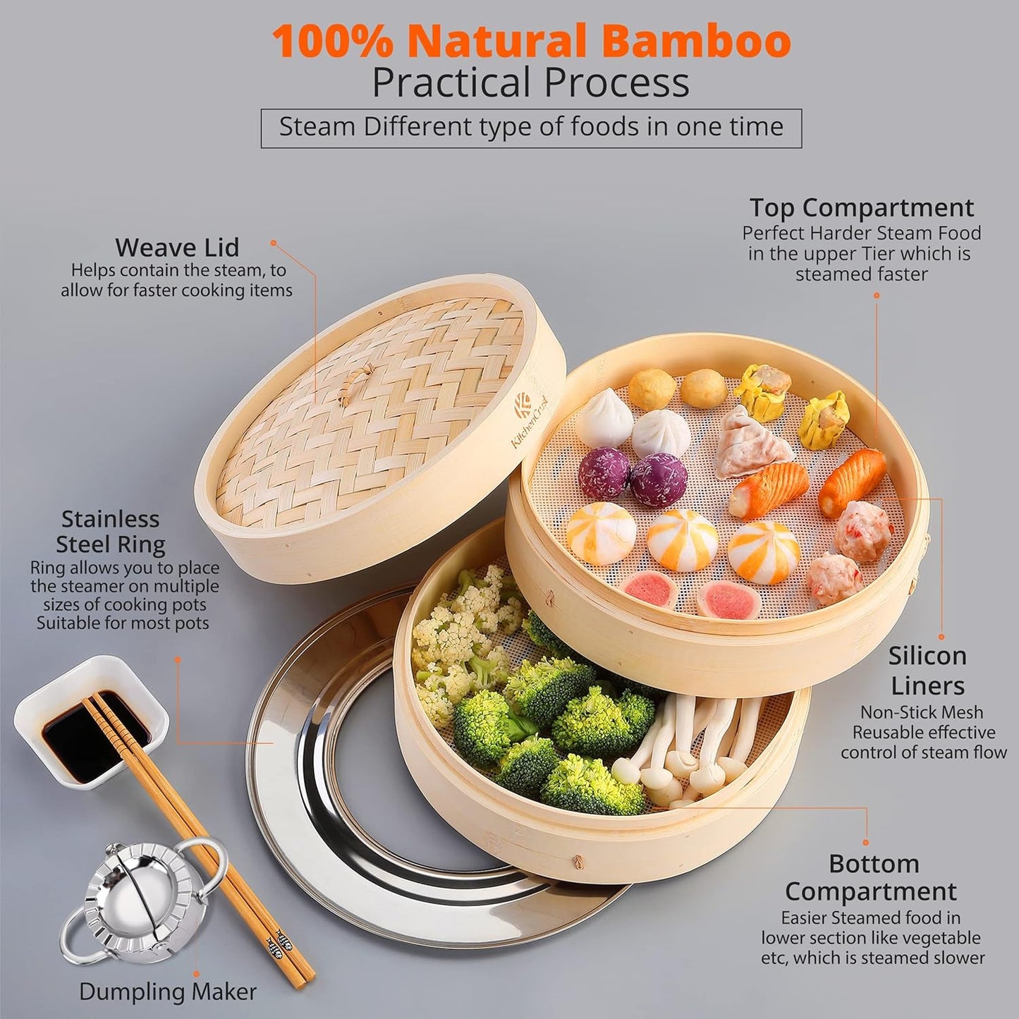 Bamboo Steamer Basket for Chinese Asian Cuisine - 2 Tier 10-Inch Steaming Basket Bun Vegetable Steam, Dumpling Steamer bamboo steam basket, Sauce Dish, Chopsticks, Reusable Liners, Ring